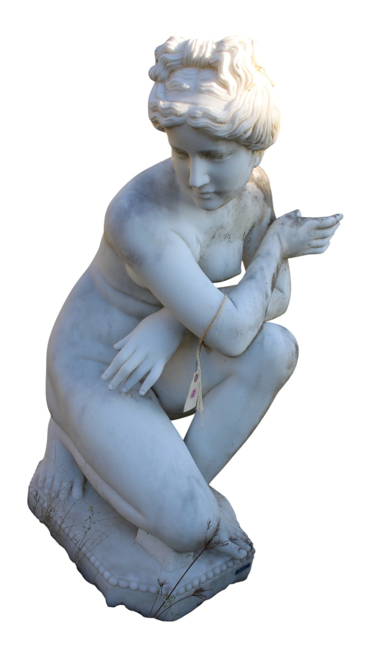 Italian white marble statue of nude woman kneeling: Semi antique italian white marble statue of nude woman kneeling. Needs repairs, missing thumb, edge of base is here. 35"h x 18"w x 18"d