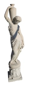 Vintage cast stone water feature statue woman on pedestal