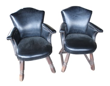 Pair jacobean leather arm chairs in oak frame