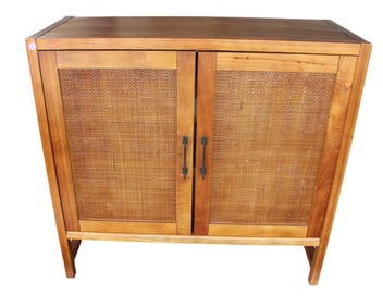 Mid Century Modern walnut wicker front cabinet