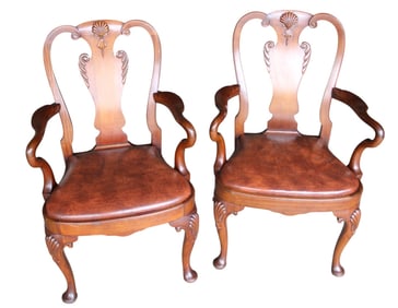 Quality pair scroll arm queen anne shell carved chairs