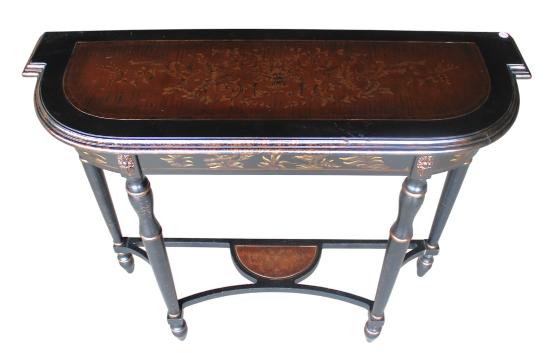 Paint decorated console table: Paint decorated console table. Structurally sound and some paint wear in front. 33"h x 40"w x 13.5"d