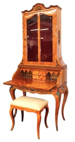 French style satinwood inlaid secretary and bench