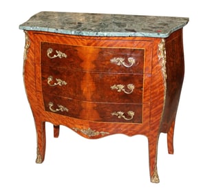 French style marble top burl walnut and bronze chest