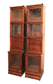 RARE pair of antique style half size 4 stack Barrister bookcases, oak w/walnut finish, brass banding