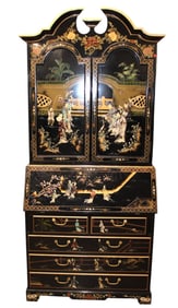 Ornate chinoiserie secretary with fitted interior and bookcase top