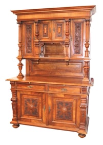 Antique 2pc highly carved walnut hunt board with keys