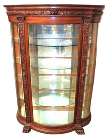 Antique carved curve glass oak paw foot china cabinet