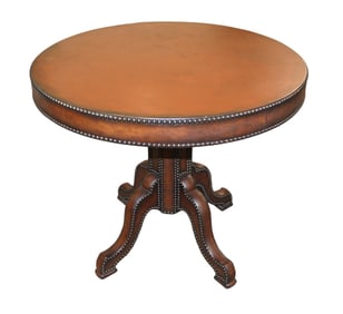 32" round leather wrapped and tacked accent table