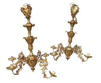 Pair antique brass chandeliers with 7 etched shades