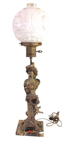 Antique lamp with glass shade on beautiful marble base, bronze finish sg. Carmen been electrified