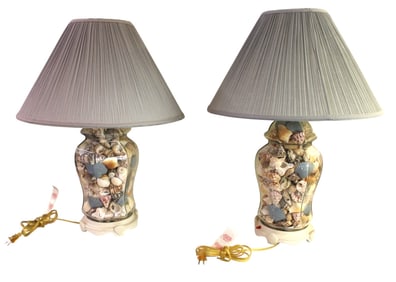 Pair clear glass seashell filled table lamps