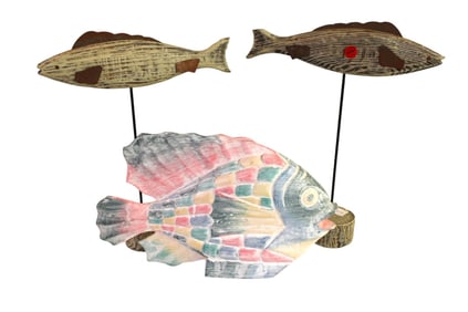 3 decorator fish, 2 are wooden, 1 is plaster