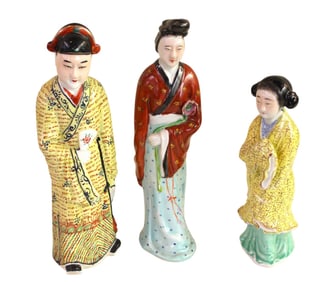 3 porcelain Chinese figures. (2) 12"h, (1) 9"h
