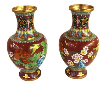 Pair vintage cloisonne vases. 10.5"h x 5"diameter