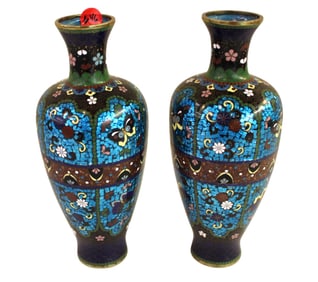 Pair vintage cloisonne vases. 9"h x 4"diameter