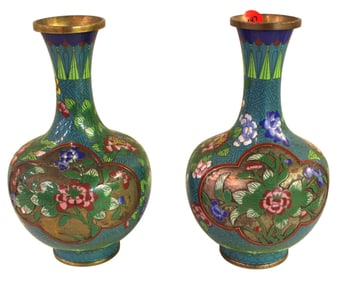 Pair vintage cloisonne vases. 9"h x 5"diameter