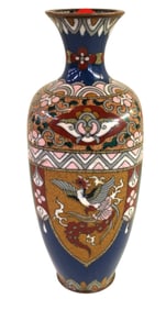 RARE Japanese cloisonne vase w/shield, dragon, phoenix