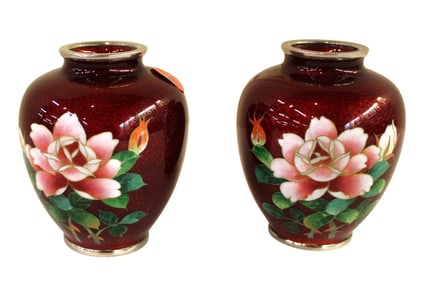 Pair vintage of enamel floral vases. 3.5"h x 3.5"