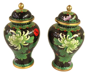Vintage pair lidded cloisonne urns. 6.5"h x 4"