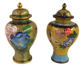 2 vintage cloisonne lidded urns. 7"h x 4" diameter