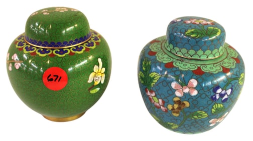 2 vintage cloisonne lidded jars. 4"h x 3.5" diameter