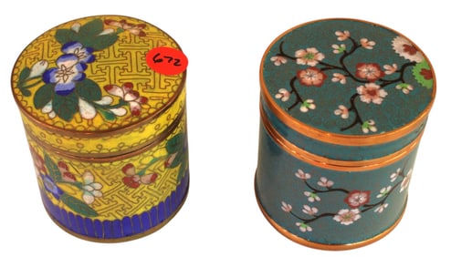 2 vintage cloisonne lidded jars. 3"h x 3" diameter