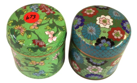 2 vintage cloisonne lidded jars. 3.5"h x 3" diameter