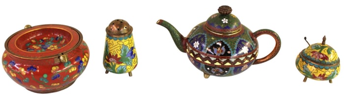 4 vtg diminutive cloisonne: teapot, pepper, salt, spoon, ashtray
