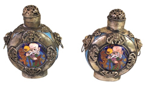 Pr vtg sg ornate cloisonne Chinese perfume bottles maybe silver