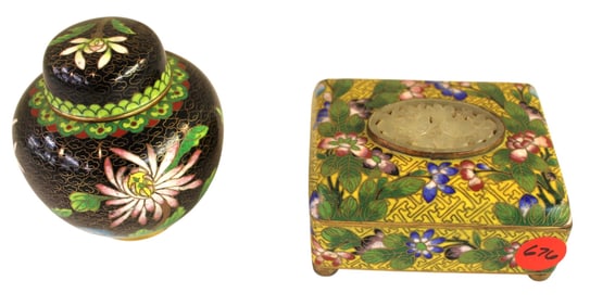 2 vtg cloisonne: MOP lidded box and lidded jar