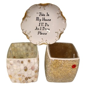 2 decorative candle shades and vintage 8" plate