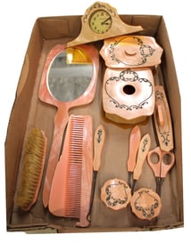 Antique 14pc ladies pink bakelite dresser set with new haven clock