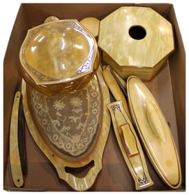 11 piece antique ladies dresser set in beige bakelite