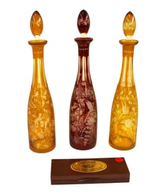 3 etched to clear decanters and liquor thermometer in box