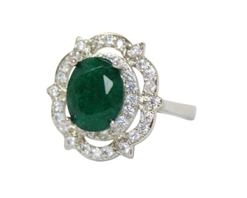 Natural emerald and white zircon in sterling ring size 7