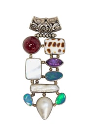 2.75" pendant, natural dalmatian jasper, amethyst, blue fire opal & mop