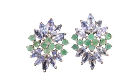 Natural tanzanite and emerald earrings in sterling silver