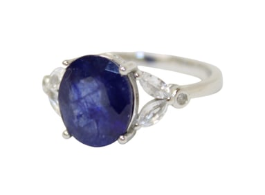 8x9mm blue natural sapphire and zircon sterling ring size 5.75