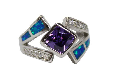 2ctw amethyst and australian opal sterling ring size 6: 2 ctw amethyst and australian opal inlay ring in sterling silver size 6