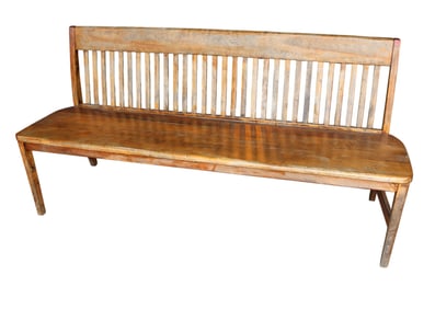Semi antique mixed woods slatted back porch bench