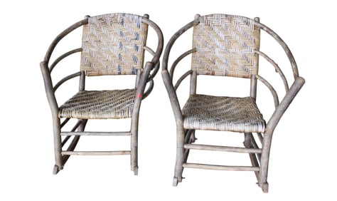 Pair Adirondak bentwood tree basket weave rocking chairs