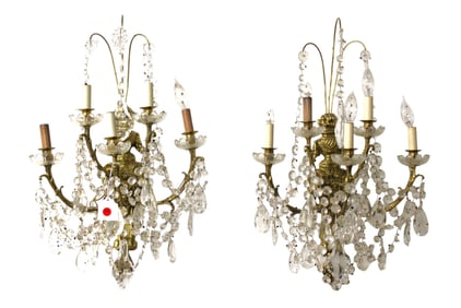 Vtg pair brass 5 burner crystal prismed wall sconces