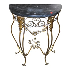 Semi antique marble top metal decorated console in manner Bach
