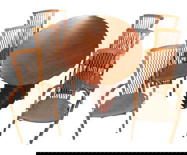 Awesome Costantini Pietro MCM style 7pc dining set: Awesome Costantini Pietro mid century modern style 7 piece dining set, match chairs, walnut, made in Italy, oval table with custom table pads and 6 chairs, 2 arm chairs and 4 side chairs,