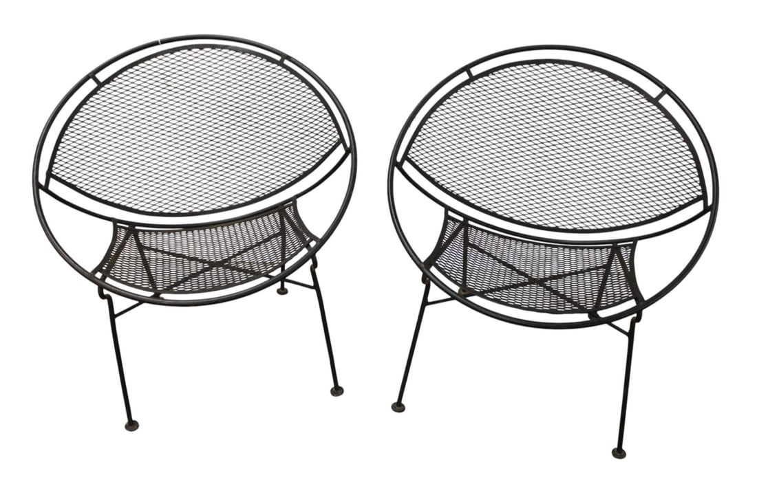 Set of 2 Salterini Maurizio Tempestini Mid Century Modern iron radar chairs: Set of 2 Salterini Maurizio Tempestini mid century modern iron radar chairs, structurally sound and in good condition. Each 29.5"h x 30" diameter. Seat height 15"