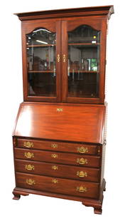 Henkel Harris cherry beveled glass secretary bookcase: Henkel Harris 2 piece solid cherry beveled glass secretary bookcase with several hidden compartments (see south jersey auction youtube video), structurally sound and in good condition, original