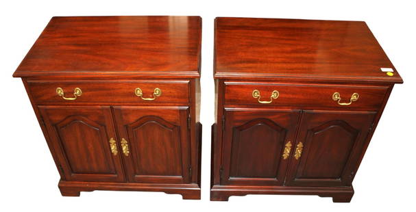 Pair Henkel Harris mahogany nightstands: Pair Henkel Harris solid mahogany 1 drawer 2 door nightstands, structurally sound and in good condition, original finish. Each 26"h x 24"w x 16"d