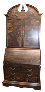 Maitland Smith style fitted secretary sold Oskar Huber: Impressive chinoiserie decorated 2 piece secretary with fitted 2 door top sold by Oskar Huber and in the manner of Maitland Smith, structurally sound and in good condition. 96"h x 43"w x 24"d (top