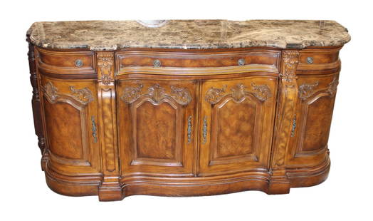 Impressive Collezione Europa marble top buffet: Impressive Collezione Europa marble top 3 drawer 4 door buffet, fancy carved burl walnut and mahogany finish, structurally sound and in good condition, no noticeable issues, marble is good. 37.5"h x